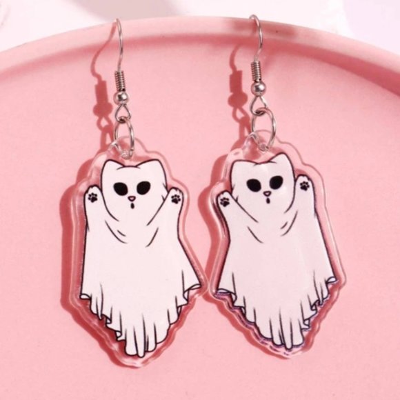 🧿 2 for $25 🧿 Spooky Sheet Ghost Cat Acrylic Dangle Earrings - Picture 3 of 7
